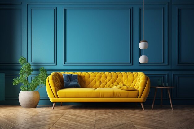 intérieur avec canapé bleu et mur jaune illustration de rendu 3d