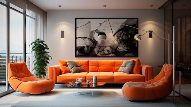 Intérieur avec canapé orange dans le salon moderne