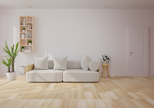 Intérieur avec canapé de velours gris dans le salon avec mur blanc