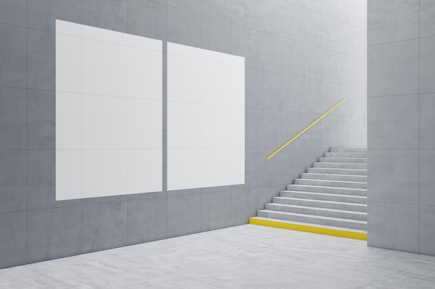 Intérieur de carreaux de béton léger créatif avec escaliers et maquette d'affiche sur le mur Concept de couloir et de couloir de l'école Rendu 3D