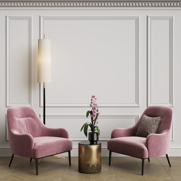 Intérieur Cassic avec fauteuil rose et lampadaire