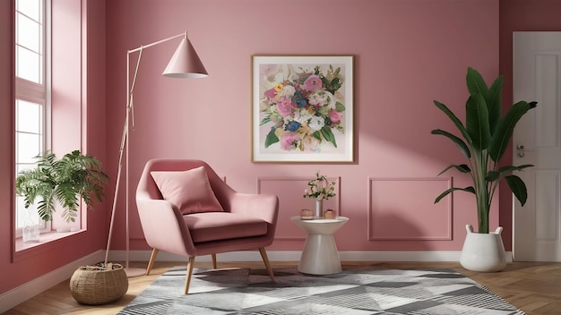 Intérieur Cassic avec fauteuil rose et lampe de sol