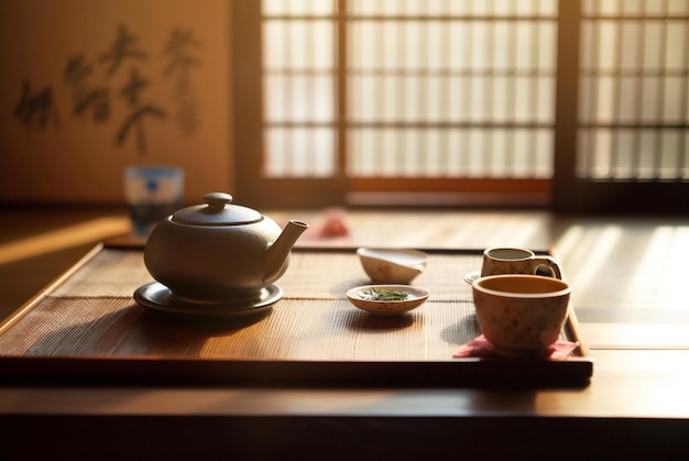 Intérieur de la cérémonie du thé japonaise dans un style traditionnel Generative AI