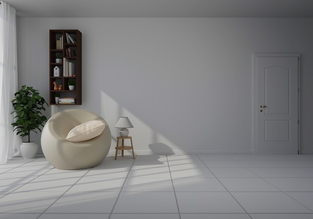 Intérieur avec chaise blanche dans le salon avec mur blanc