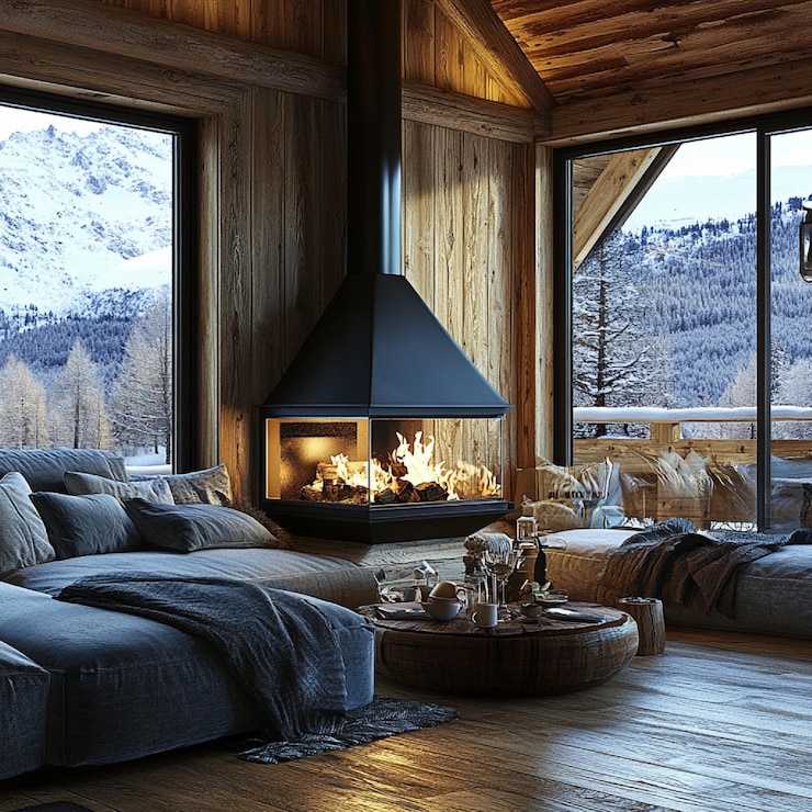 Photo intérieur de chalet confortable avec cheminée