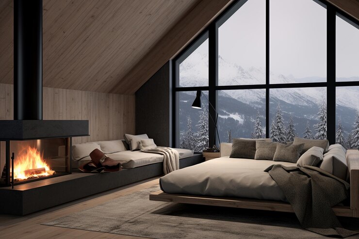 Photo intérieur de chalet de ski minimaliste avec cheminée confortable