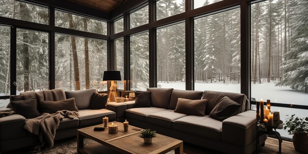 Intérieur chaleureux et confortable d'un chalet de campagne chic avec une immense fenêtre panoramique