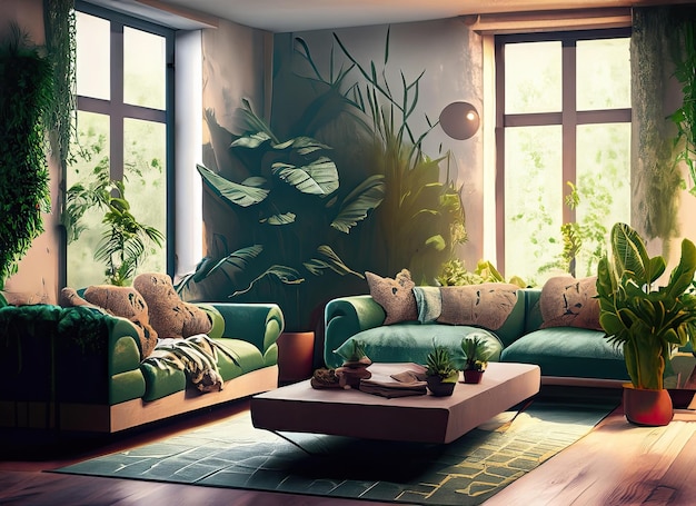 Intérieur chaleureux et confortable de l'espace salon avec canapé pouf tapis lampe maquette cadre d'affiche