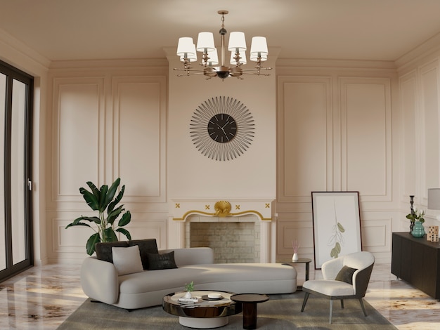 Intérieur de chambre 3D avec un design et un mobilier classiques