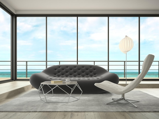 Intérieur d'une chambre au design moderne avec vue sur la mer rendu 3D