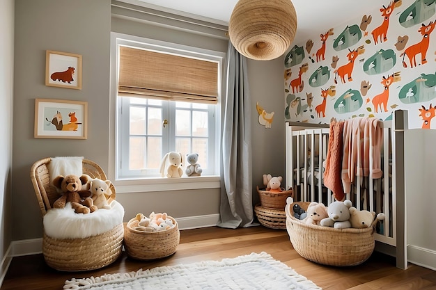 L'intérieur d'une chambre de bébé avec un berceau, des jouets et une fenêtre