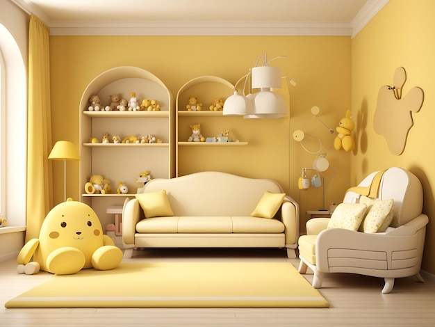 intérieur d'une chambre de bébé avec un canapé chambre de bébé jaune rendu 3D