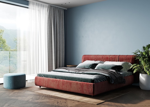 Intérieur de chambre bleu rouge avec lit grand pouf de fenêtre et maquette de rendu 3d de plante