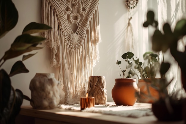 Intérieur de chambre chaleureux dans un style bohème Décor bohème neutre dans des lampes en osier de salon clair meubles doux plantes vertes et bougies générées par l'IA