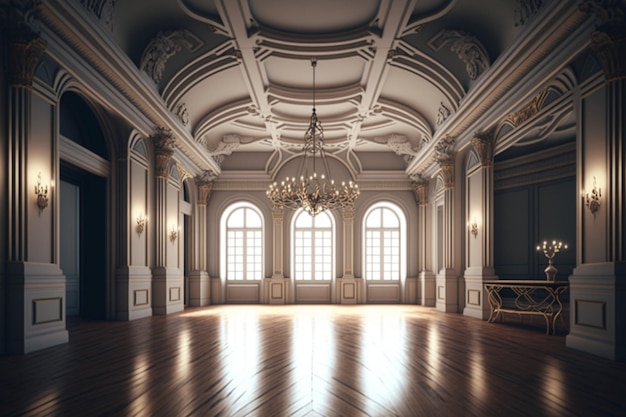 L'intérieur d'une chambre classique avec une grande fenêtre et un lustre.