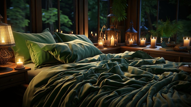 L'intérieur d'une chambre confortable avec une grande fenêtre un lit en bois et une couverture verte