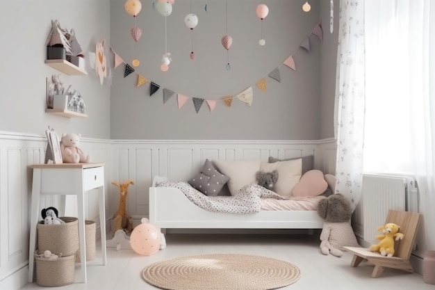 Intérieur d'une chambre confortable pour enfants de style scandinave Generative AI