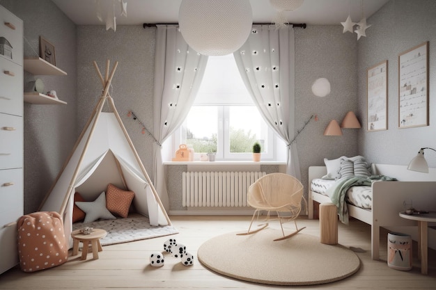 Intérieur d'une chambre confortable pour enfants de style scandinave Generative AI