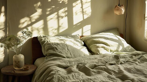 L'intérieur d'une chambre à coucher confortable avec la lumière chaude du soleil et du lin vert sauge léger