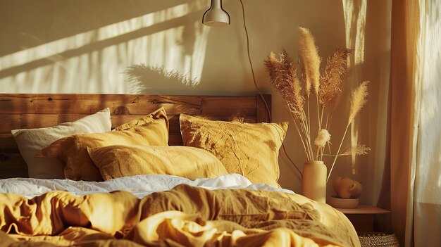 L'intérieur d'une chambre à coucher confortable avec de la lumière du soleil chaude et du linge jaune