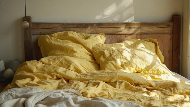 L'intérieur d'une chambre à coucher confortable avec de la lumière du soleil chaude et du linge jaune