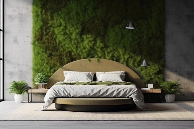 Intérieur de chambre à coucher contemporain avec une IA générative Bed Focus