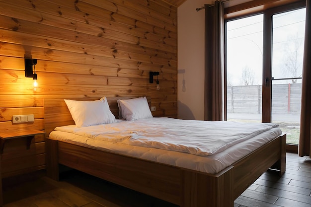 Intérieur de chambre à coucher dans une maison de campagne en bois Intérieur de chambre à coucher rustique en rondins