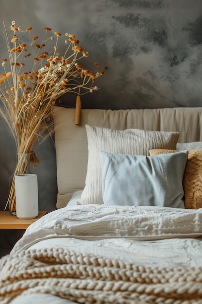 Intérieur de chambre à coucher gris confortable avec tête de lit et décorations naturelles