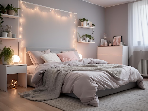 L'intérieur de la chambre à coucher gris avec des meubles confortables AI généré