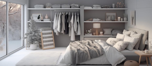 Photo l'intérieur de la chambre à coucher d'inspiration scandinave avec des vêtements et des accessoires mettant en valeur un concept de maison confortable