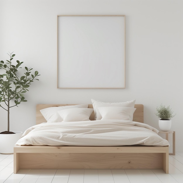 Intérieur de chambre à coucher minimaliste blanc avec lit double sur un sol en bois décor sur un grand mur paysage blanc dans la fenêtre Intérieur nordique de la maison