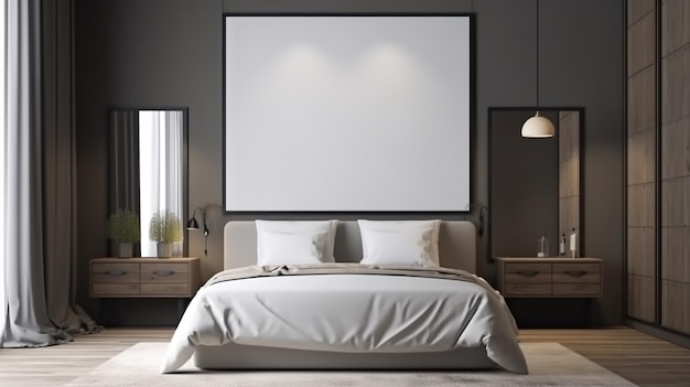 Intérieur de chambre à coucher moderne avec affiche vide sur le mur ai génératif