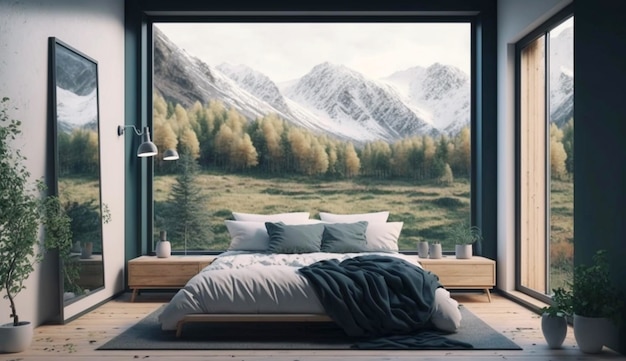 Intérieur de chambre à coucher moderne avec de grandes fenêtres et un cadre naturel sur le mur Generative Ai