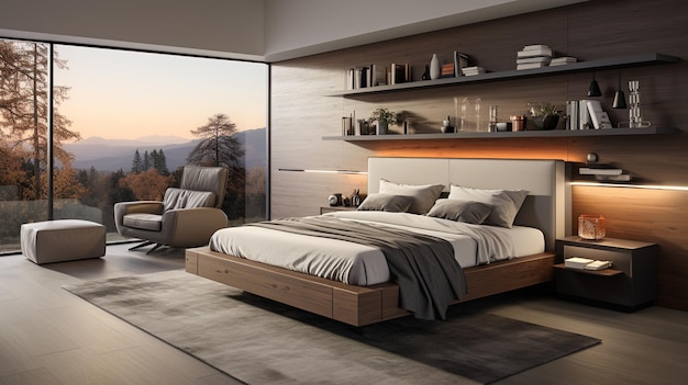 intérieur de chambre à coucher moderne avec sol en bois lit double sol en bois et grandes fenêtres avec parquet parquet et parquet sol nuit