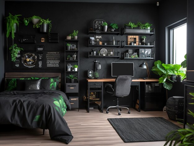 Intérieur de chambre à coucher noir harmonieux avec de nombreux meubles généré par l'IA