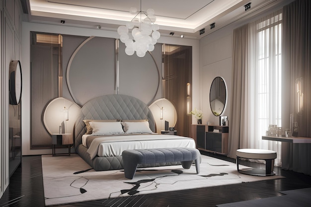 Intérieur de chambre à coucher de style art déco avec lit moderne dans une maison de luxe
