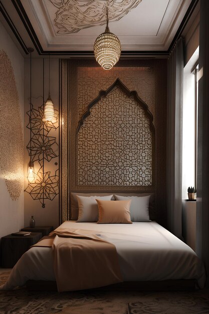 Intérieur de chambre à coucher de style marocain avec lit moderne dans une maison de luxe