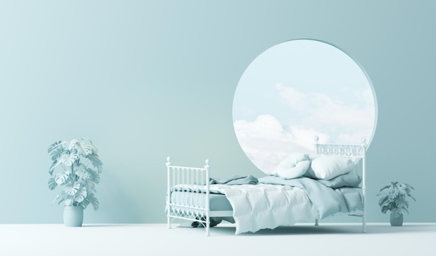 Intérieur de la chambre de couleur bleu pastel monochrome uni avec accessoires de lit et de chambre