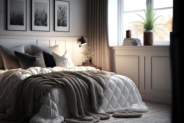 Intérieur de la chambre avec coussin blanc et couverture sur le lit