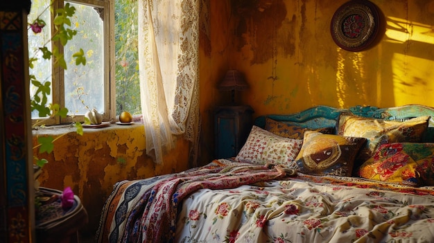 Intérieur de la chambre dans le style bohémien avec lit à motifs Generative Ai