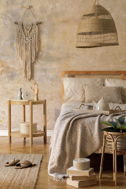 Intérieur de chambre élégant avec table basse design, meubles, plante, tapis, décoration en rotin et accessoires personnels élégants. Beaux draps, couverture et oreillers beiges. .