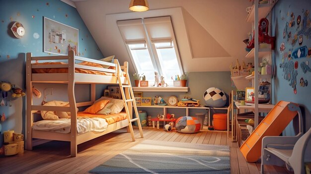 L'intérieur d'une chambre d'enfants colorée avec un lit superposé en bois