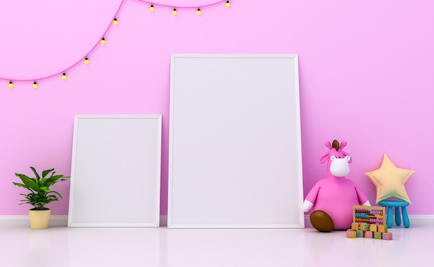 Intérieur de la chambre d'enfants avec une décoration mignonne et des cadres photo vierges sur le mur. Rendu 3D