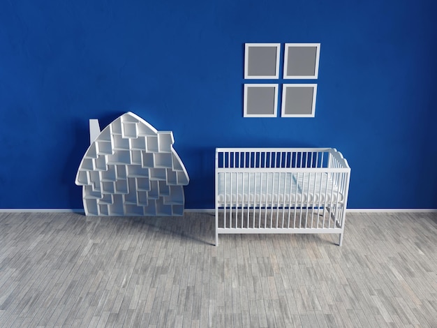 L'intérieur de la chambre des enfants est bleu Meubles blancs et jouets rendu 3d