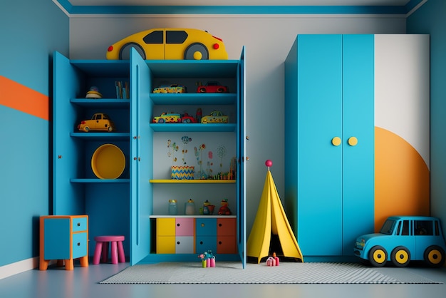 L'intérieur d'une chambre d'enfants moderne avec des meubles élégants et des jouets Chambre de jeu pour enfants Chambre de couchage pour enfants Cabane pour enfants Tente de jeu et jouets