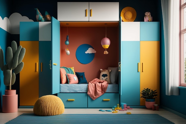 L'intérieur d'une chambre d'enfants moderne avec des meubles élégants et des jouets Chambre de jeu pour enfants Chambre de couchage pour enfants Cabane pour enfants Tente de jeu et jouets