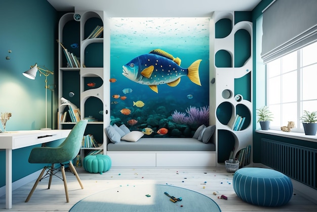 L'intérieur d'une chambre d'enfants moderne avec des meubles élégants et des jouets Chambre de jeu pour enfants Chambre de couchage pour enfants Cabane pour enfants Tente de jeu et jouets