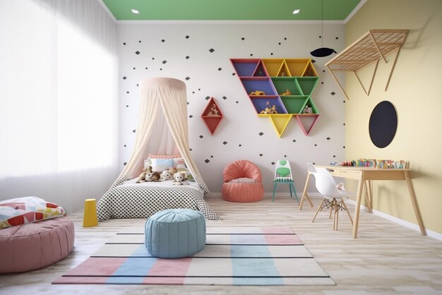 Intérieur d'une chambre d'enfants moderne avec des meubles et des jouets élégants Chambre de jeux pour enfants Chambre de couchage pour enfants