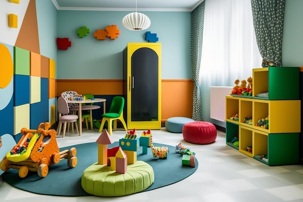 Intérieur d'une chambre d'enfants moderne avec des meubles et des jouets élégants Chambre de jeux pour enfants Chambre de couchage pour enfants