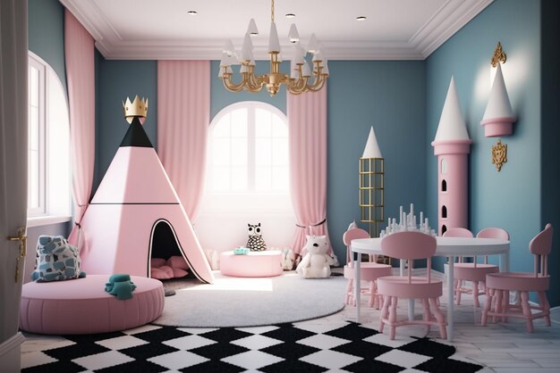 Intérieur d'une chambre d'enfants moderne avec des meubles et des jouets élégants Chambre de jeux pour enfants Chambre de couchage pour enfants